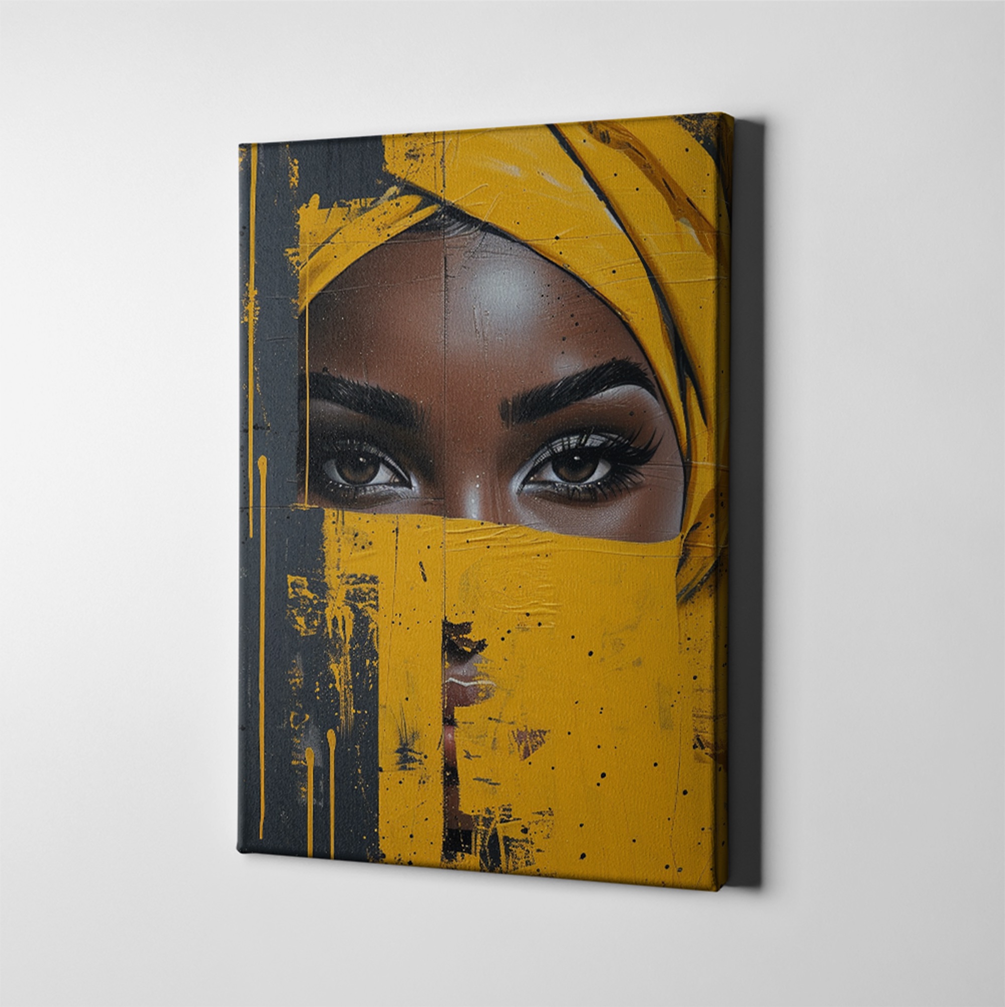 African woman canvas wall art perspective view with yellow headwrap for modern interiors in South Africa