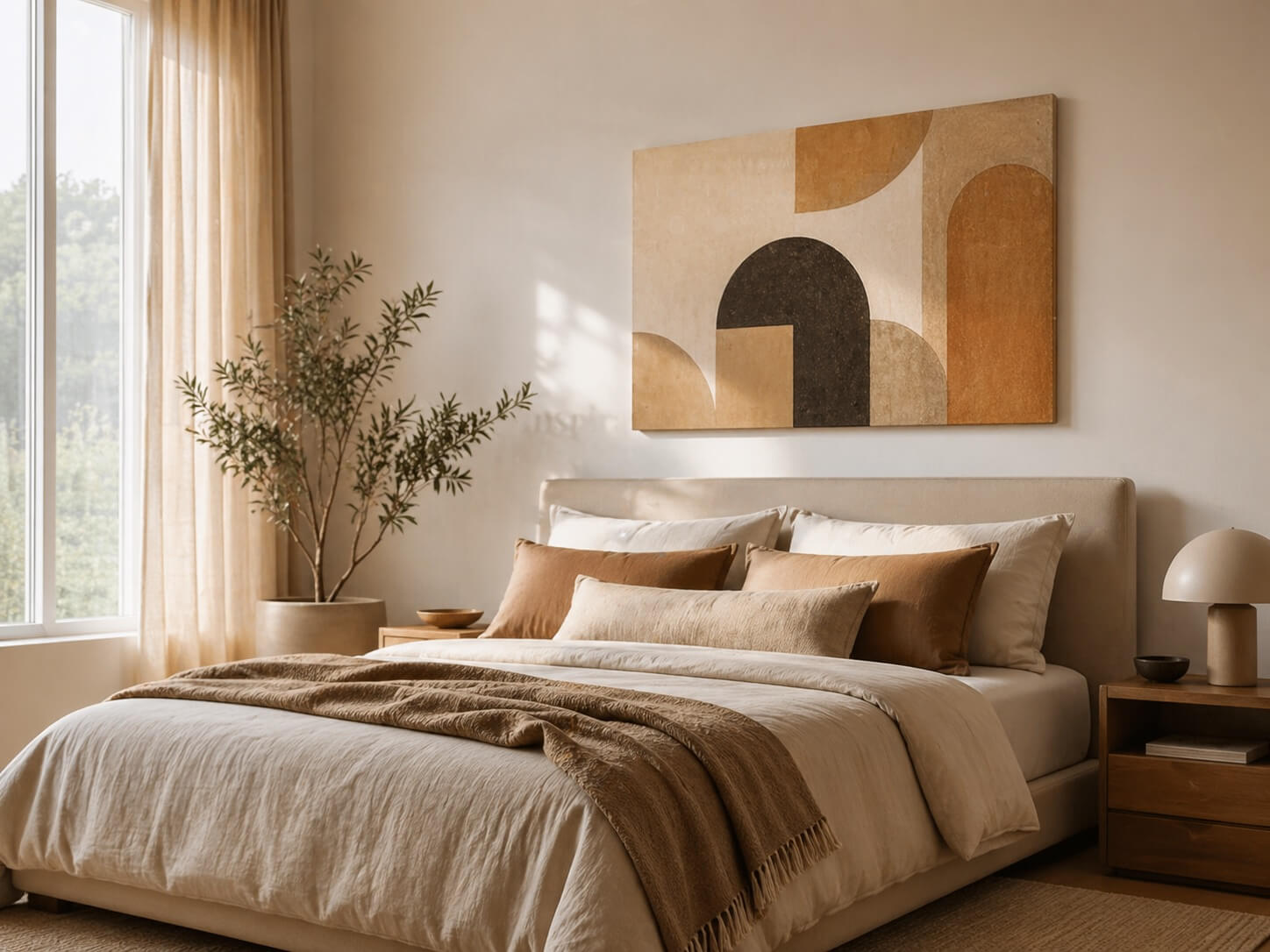 Canvas wall art displayed above a bed in a calm modern bedroom in South Africa