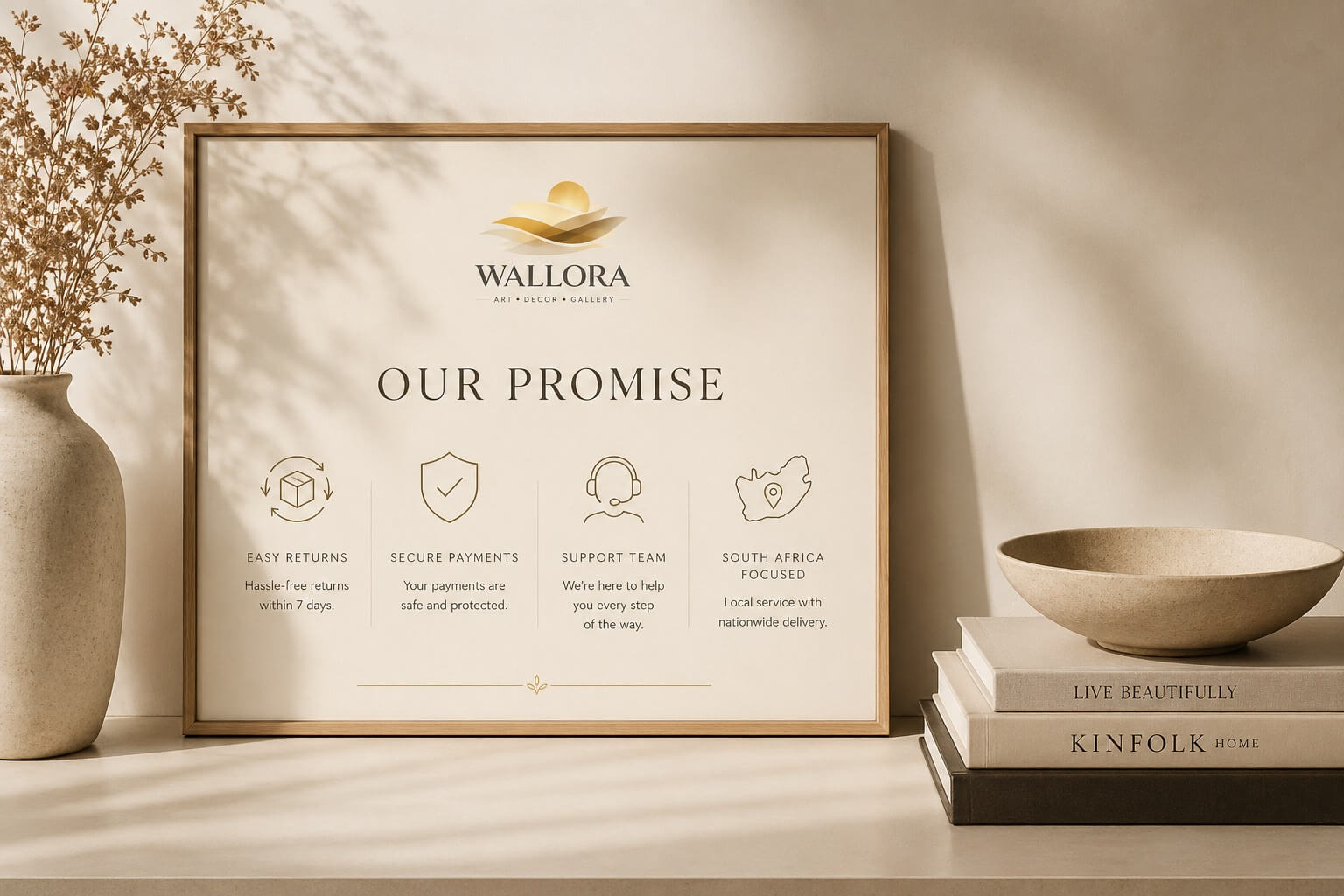 Returns and refund policy support visual for Wallora South Africa in a warm minimalist setting