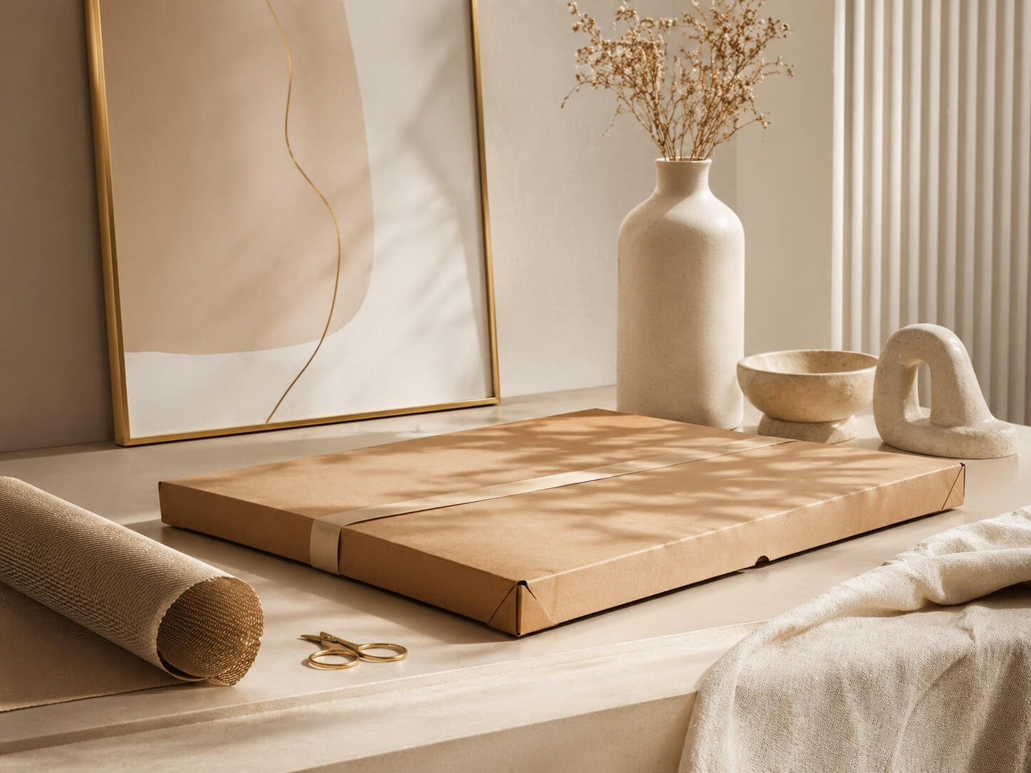 Packaged wall art ready for delivery in a warm minimalist setting for Wallora South Africa