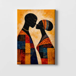 African couple canvas wall art South Africa front view in warm yellow, blue and orange tones