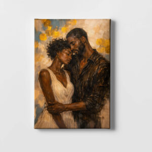 Alt text: Romantic African couple wall art South Africa front view canvas print in warm neutral tones